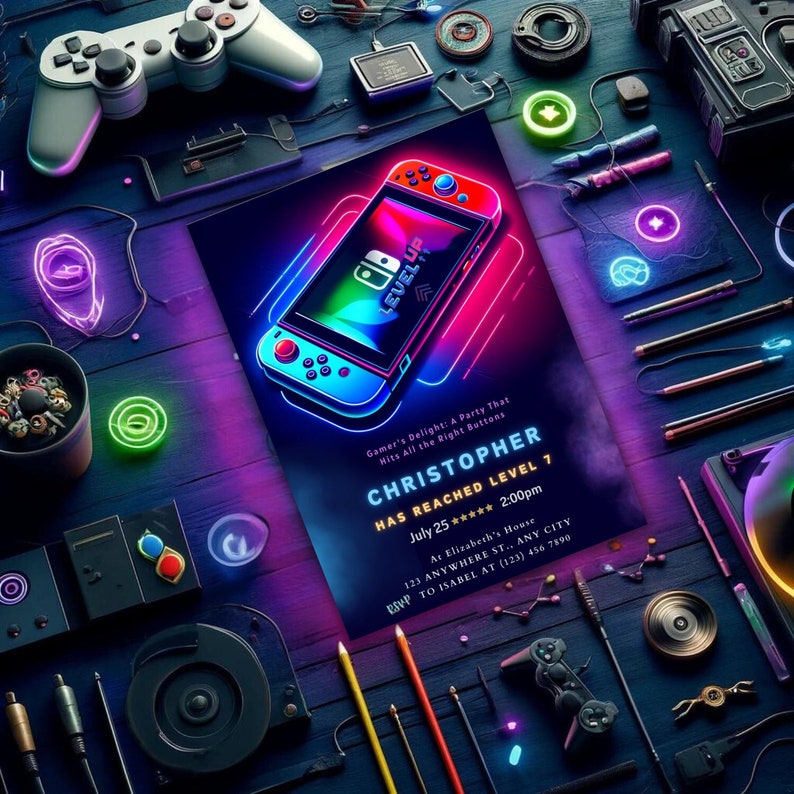 Plan an unforgettable video game party with our Editable Video Game Party Invitation. This customizable invite is perfect for a Level Up Birthday celebration and features an arcade-themed design. Instantly downloadable and easy to personalize.