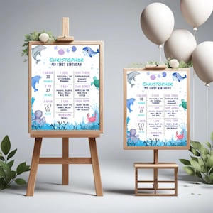Bewerkbaar onder de zee eerste verjaardag mijlpaal poster, zeeleven verjaardag tekensjabloon, baby&#39;s 1e verjaardag, Instant Download, SM1
