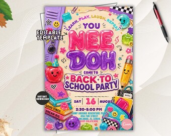 Back to School Party Invitation, NeeDoh Squishy First Day of School Invite, Editable Template