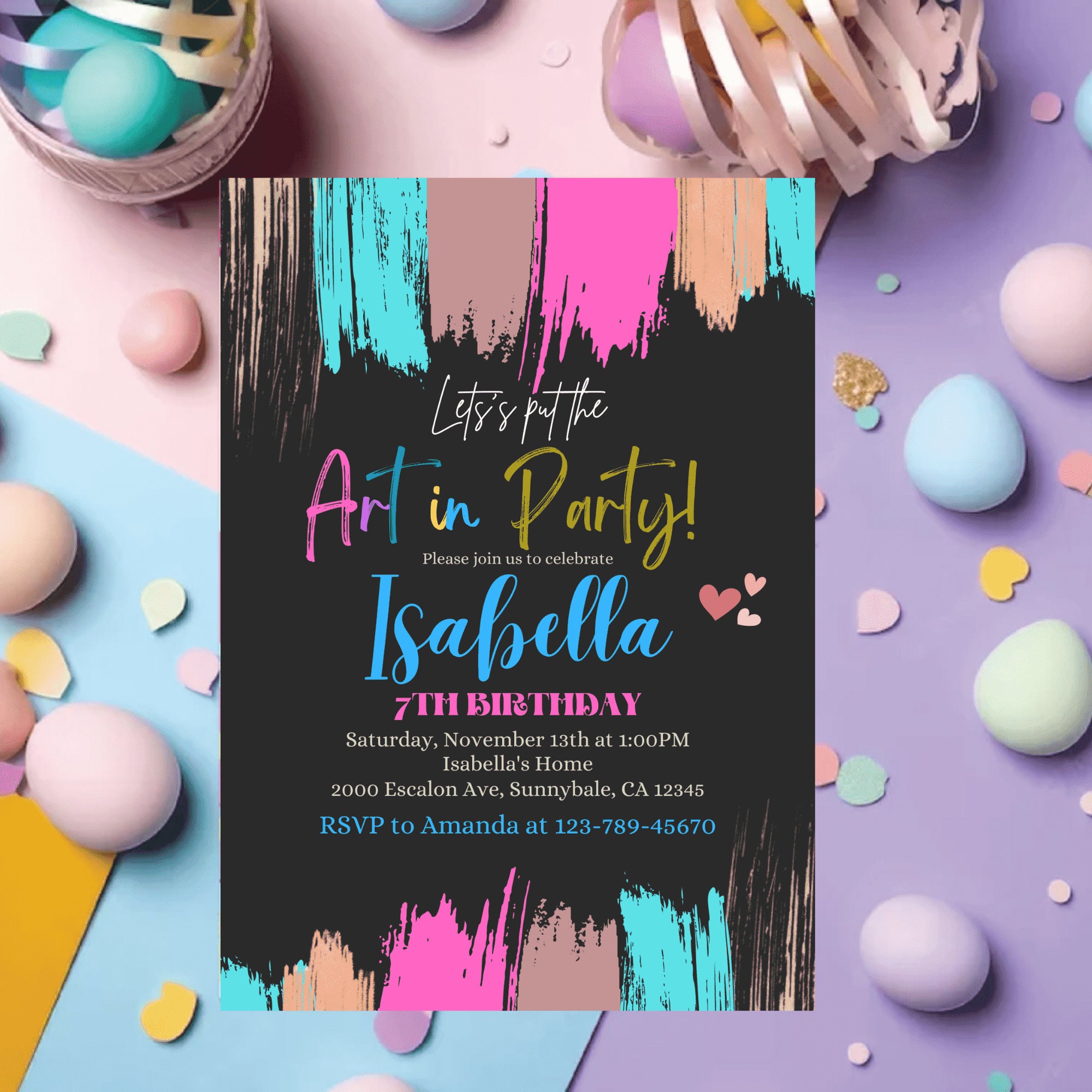 Editable Girl Art Birthday Party Invitation Painting Party Invite
