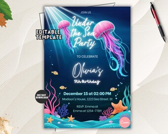 Modèle de toile d'invitation d'anniversaire sous la mer, animaux de l'océan