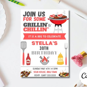 BBQ Birthday Invitation, Grill and Chill Barbeque Party Invitation Template, Summer BBQ Invitation, Minimalist Birthday Invitation M21