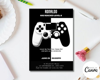 Bewerkbare verjaardagsuitnodiging videogame, gamerparty (direct downloaden)