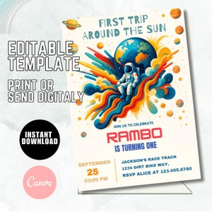 Invitation modifiable pour le premier anniversaire de l'espace extra-atmosphérique, invitation à une fête autour du soleil, modèle Galaxy Blast Off, téléchargement immédiat H27