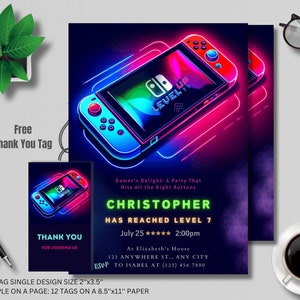 Invite friends to an epic arcade party with our Editable Video Game Party Invitation. Ideal for a Level Up Birthday, this template features a Nintendo Switch design and is easy to personalize and download instantly.