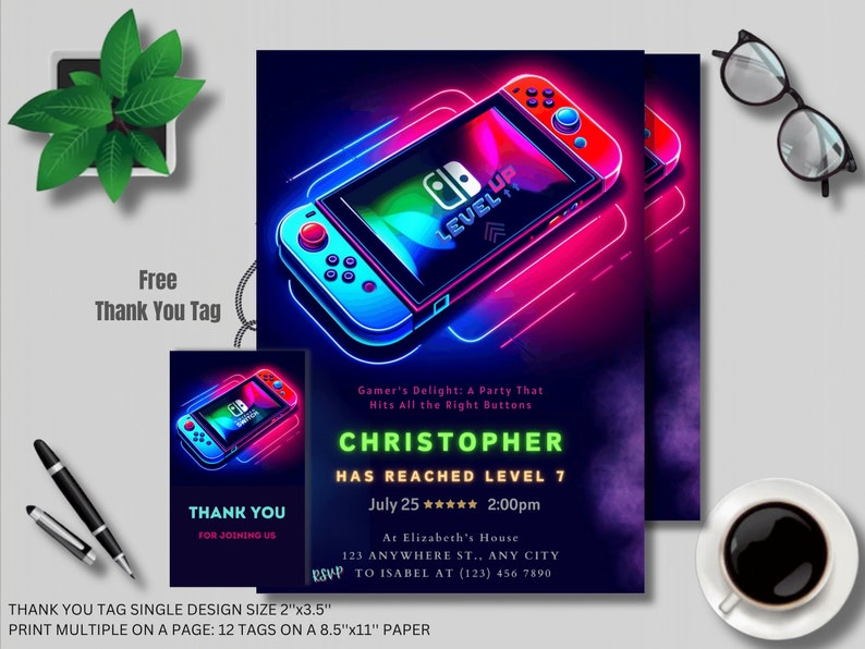 Invite friends to an epic arcade party with our Editable Video Game Party Invitation. Ideal for a Level Up Birthday, this template features a Nintendo Switch design and is easy to personalize and download instantly.