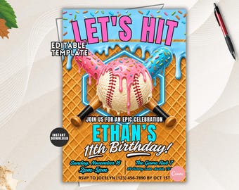Baseball Birthday Invitation, Ice Cream Drip, Canva Template (Digital Download)