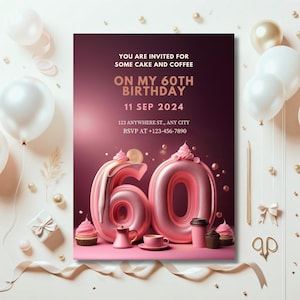 Faire-part modifiable pour 60e anniversaire, 60e anniversaire d'invitation, 60e anniversaire de mariage, carte de 60 ans, brunch, gâteau et café, invitation C60