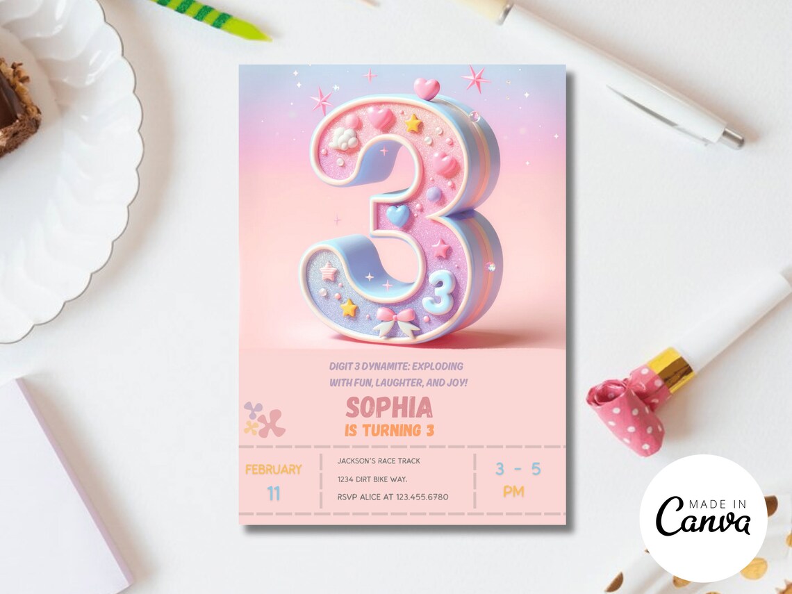 Pastel Pink 3rd Birthday Invitation, Blush Glitter (digital Download ...