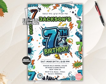 7th Birthday Boy Invitation, Number Party Invite, Editable Canva Kids Template, Instant Download