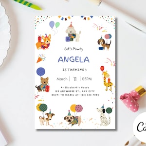Invito per festa di compleanno per cuccioli, invito modificabile per cani, Let's Paw-ty, invito di compleanno per ragazzi, ragazze, festa per cani Scarica D92