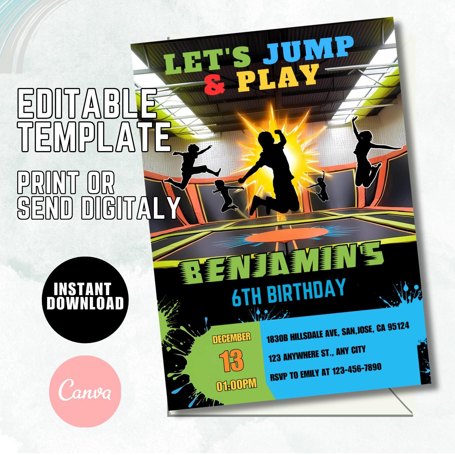 Trampoline Park Invitation, Any Age Let's Jump Birthday Party Invite, Printable Teen Jump Party, Editable Digital Template Invitation A23