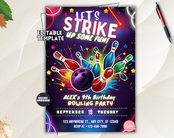 Op de afbeelding: Een uitnodigingssjabloon voor een bowling-verjaardagsfeest met een paarse bowlingbal en kleurrijke kegels op een donkere achtergrond met neonaccenten. De tekst bevat LET'S STRIKE UP SOME FUN!, ALEX'S 9TH BIRTHDAY BOWLING PARTY, SEPTEMBER 19 TUESDAY, en tijdelijke aanduidingen voor adres en telefoonnummer.
