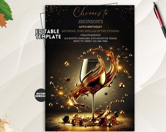 Wine Birthday Invitation, Aged to Perfection Adult Winery Party, Editable Digital Template