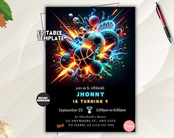 Neon Sports Birthday Invitation, All Star Glow Party (Instant Download)