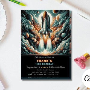 Our Spaceship Invitation captures the excitement of the cosmos. Editable and printable, it is perfect for any young astronaut Space Birthday Party.