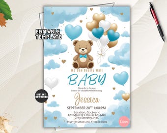 Teddy Bear Baby Shower Invitation, Gender Neutral Editable Canva Template