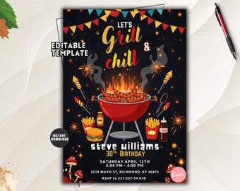 May include: An editable invitation template featuring a black background with colorful bunting, fireworks, and a red grill cooking sausages. It includes text reading Let's Grill & Chill, Steve Williams 30th Birthday, date, time, address, and RSVP details.