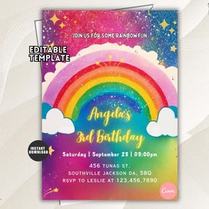 May include: A rectangular birthday invitation template featuring a vibrant rainbow, white clouds, and a starry night sky background. Text includes "JOIN US FOR SOME RAINBOW FUN", "Angela's 3rd Birthday", date, time, address, and RSVP details.