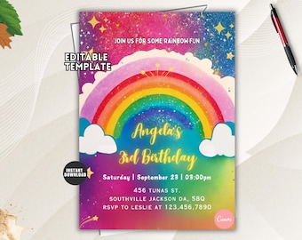 Editable Rainbow Birthday Invitation Girls Rainbow Party Rainbow Birthday Invite Pink Gold Rainbow Clouds Hearts, Rainbow of fun Invite, CR2