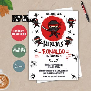 Ninja Warrior Party Invitation, Martial Art Birthday Party Theme, Editable Ninja Birthday, Ninja Warrior Obstacles Invite Template N16