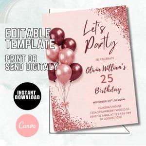 Editable Rose Gold Birthday Invitation Template, Let’s Party Rose Gold Birthday Invite, Printable Invite, Birthday Party Invite Template Q10