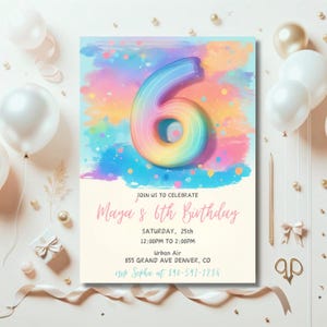Pink 6th Birthday Invitation, Pastel Rainbow Party Invite, Girl 6th Invitation, Girl Sixth Birthday Party, Printable Editable Canva Template