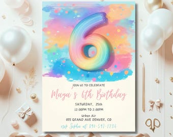 Pink Pastel Rainbow 6th Birthday Invitation (Printable Editable Canva Template)