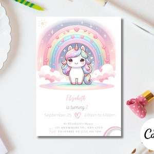 Unicorn Birthday Invitation, Rainbow Unicorn Party, Gold Glitter Pink Girl Magical Day Invites Digital Editable Printable Download T32