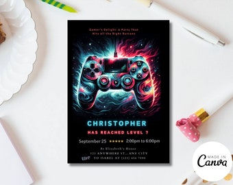 Invitación de cumpleaños editable de videojuegos, fiesta neón gamer (descarga digital)