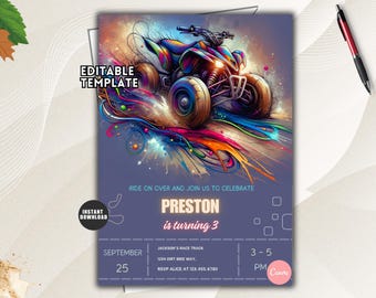 Pode incluir: Um modelo de convite de aniversário retangular com uma ilustração abstrata e colorida de um quadriciclo no topo. O texto diz: EDITABLE TEMPLATE, RIDE ON OVER AND JOIN US TO CELEBRATE, PRESTON is turning 3, SEPTEMBER 25, JACKSON'S RACE TRACK, 1234 DIRT BIKE WAY, 3-5 PM, RSVP ALICE AT 123.456.6780, INSTANT DOWNLOAD e Canva.