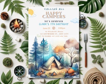 Camping Birthday Invitation, Adventure Party Invite (Digital Download)