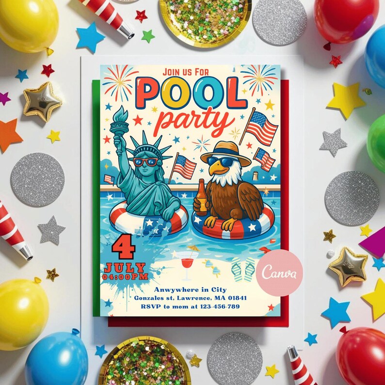 Practical: Easy-to-use 4th of July Pool Party invite template, fully editable and printable at home. Ideal for last-minute planners who want a professional look without the hassle