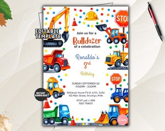 May include: A construction-themed birthday invitation template featuring colorful illustrations of excavators, dump trucks, and bulldozers. The text reads: Join us for a Bulldozer of a celebration, Ronaldo's 3rd Birthday, Sunday September 20, 11:30AM - 3:30PM, Bethany's House, 123 Main Street, Brooklyn, NYW, RSVP pat o 456 1283 78900.