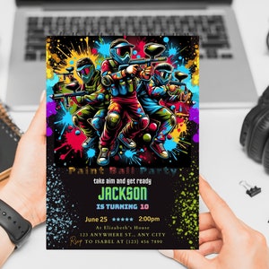 Celebrate in style with our Paintball Birthday Invitation! This instant download, editable template is perfect for any paint ball party, offering a unique blend of army and art party themes.