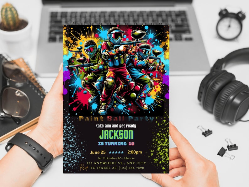 Celebrate in style with our Paintball Birthday Invitation! This instant download, editable template is perfect for any paint ball party, offering a unique blend of army and art party themes.