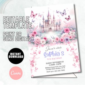 Editable Four ever a Princess 4th Birthday Invitation, Floral Princess Birthday Invite, Royal Princess Magical Castle Birthday W34