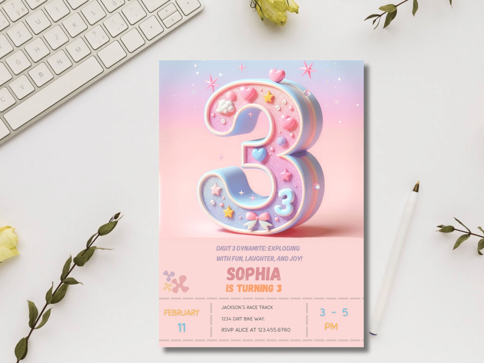 Pastel Pink 3rd Birthday Invitation, Blush Glitter (digital Download ...