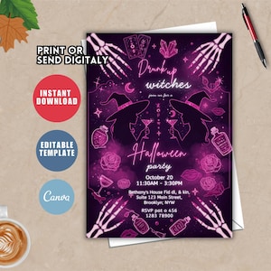 Drink up witches halloween invitation template, editable witch party invite, witch&#39;s night out invite, adult halloween party invite R29