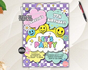 Faire-part d'anniversaire smiley preppy, patch party universitaire rétro