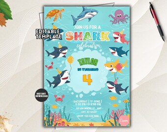 Shark Birthday Invitation, Jaws Theme Party, Canva Template (Digital Download)