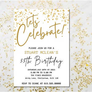 Editable Lets Celebrate Birthday Invitation, Minimalist Adult Birthday Party Invite, Modern Golden Bday Party Modern Birthday Evite E21
