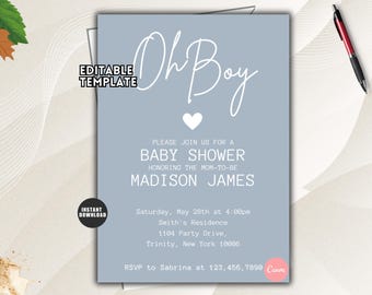May include: A light blue baby shower invitation template featuring the text Oh Boy in white script, a small white heart, and details for Madison James. The card includes editable fields for the date, time, location, and RSVP information in white.