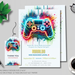 Video Game Party Invitation, EDITABLE Level Up Birthday Invite, Blue Neon Glow Invite, Glow Video Gamer Boy Template Arcade Party Invitation