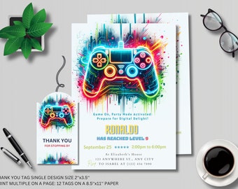Video Game Party uitnodiging, BEWERKBARE niveau omhoog verjaardag uitnodigen, blauwe Neon gloed uitnodigen, gloed Video Gamer Boy sjabloon Arcade uitnodiging voor feest