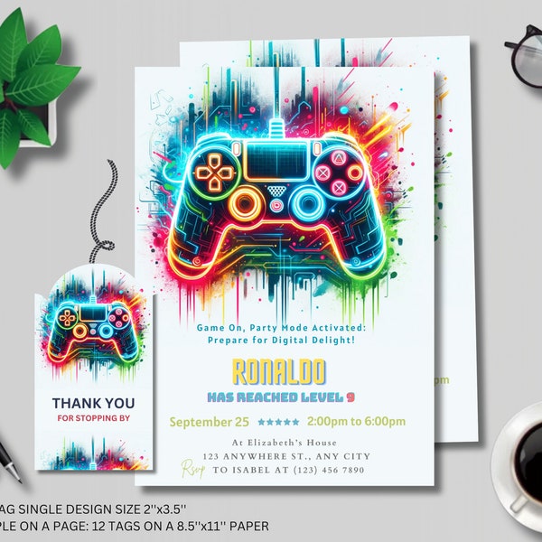 Video Game Party Invitation, EDITABLE Level Up Birthday Invite, Blue Neon Glow Invite, Glow Video Gamer Boy Template Arcade Party Invitation