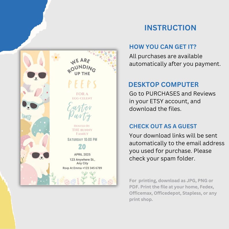 Celebrate Easter with this charming EDITABLE Easter Bunny Invite! The gold Easter egg design adds a festive touch to your Party with my Peeps theme. Customize the text and details instantly, and download your printable template. Share the love and joy of the season with this beautifully designed Easter Egg Hunt Invitation!
