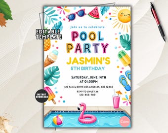 Pool Party Birthday Invitation, Ice Cream Splish Splash Summer Invite (Digital Download)