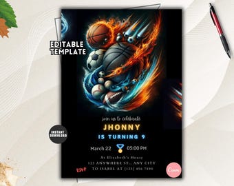 Peut inclure: Un modèle d'invitation d'anniversaire modifiable sur fond noir avec un graphique central de ballons de sport entourés de flammes orange et bleues. Le texte inclut "EDITABLE TEMPLATE", "JHONNY IS TURNING 9" et les détails de l'événement.