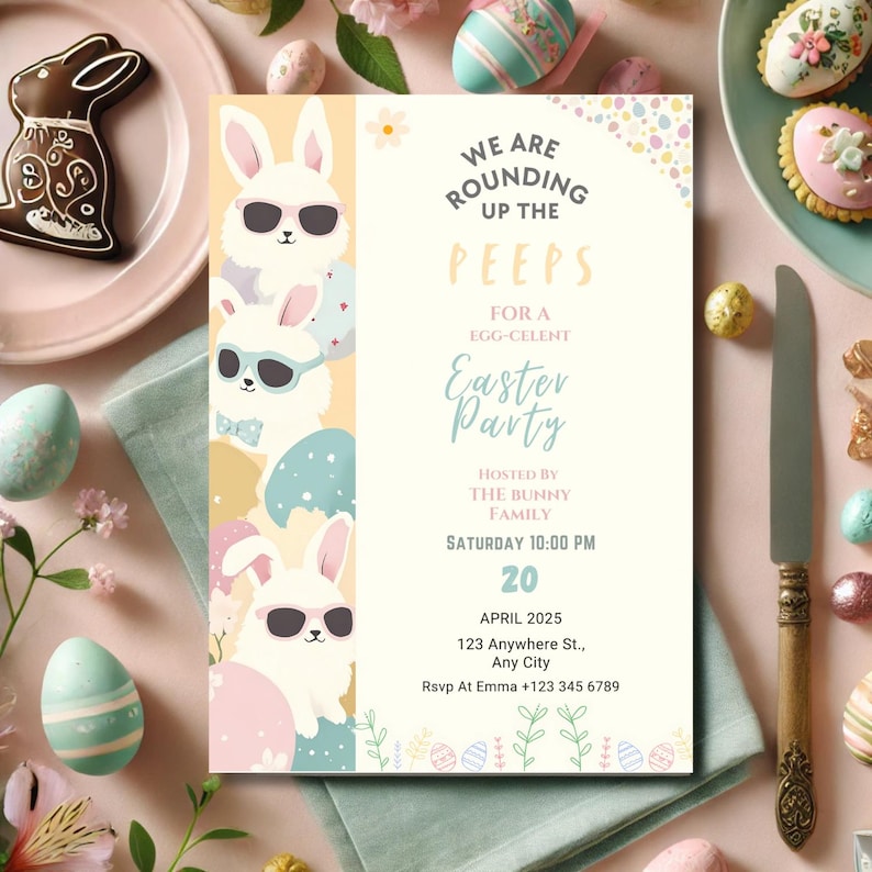Celebrate Easter in style with this EDITABLE Easter Egg Hunt Invitation! Featuring a cute Easter Bunny and gold Easter egg design, this Peeps Invitation is perfect for your spring party. Customize the text and details instantly, making it a hassle-free printable template. Share the love and excitement of your Easter Party with this charming invite. Download now and let the fun begin!